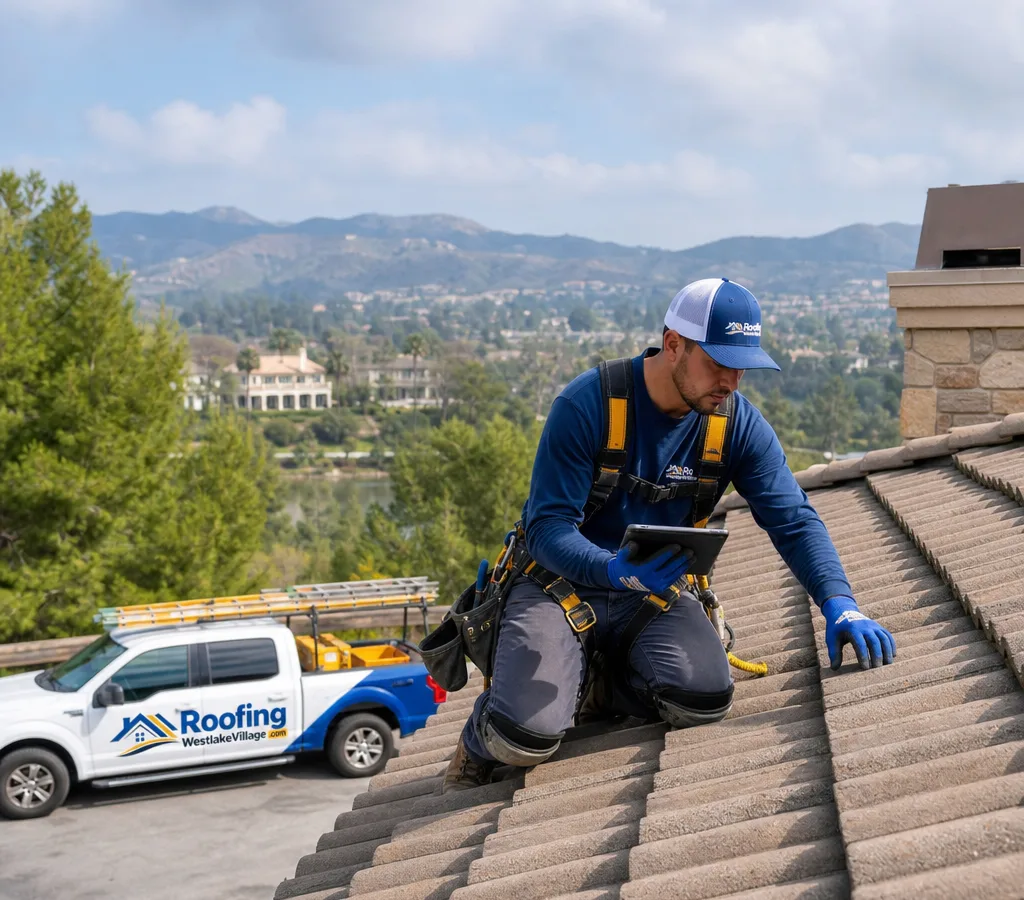 Roofing crew safely inspecting a concrete tile roof on a Westlake Village home