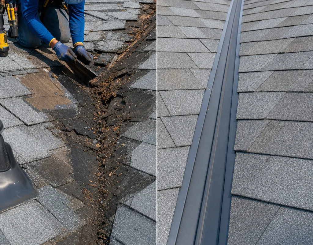 Deteriorated leaking roof valley before repair and restored valley after repair