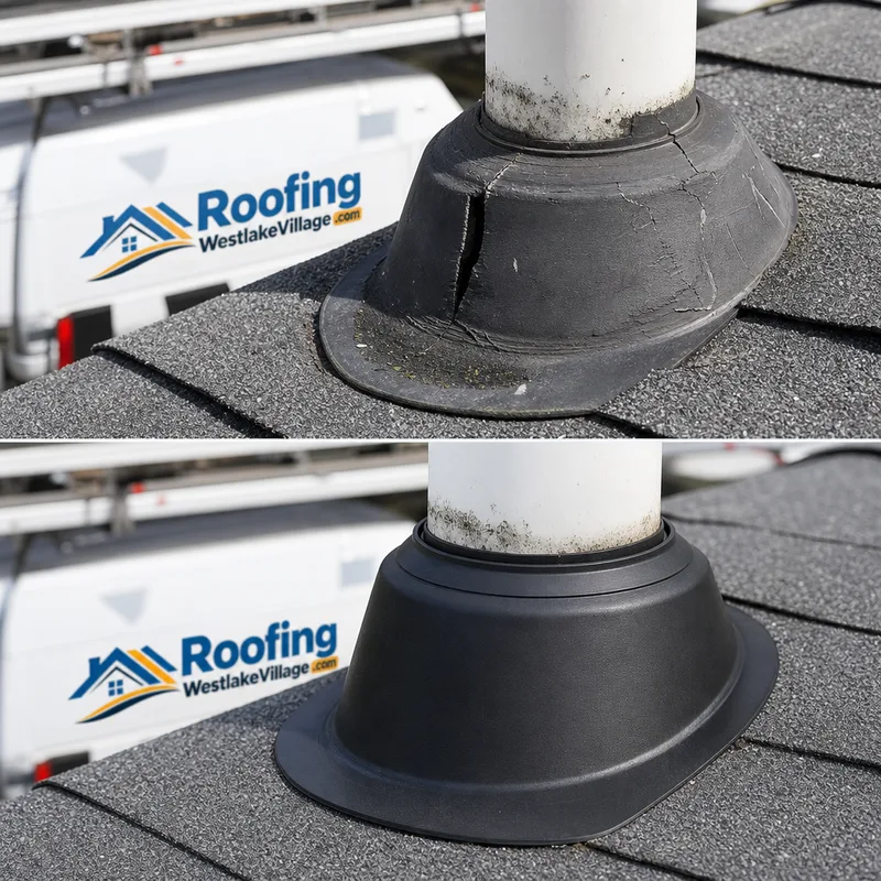 Worn plumbing vent boot replaced and properly integrated with surrounding roof shingles