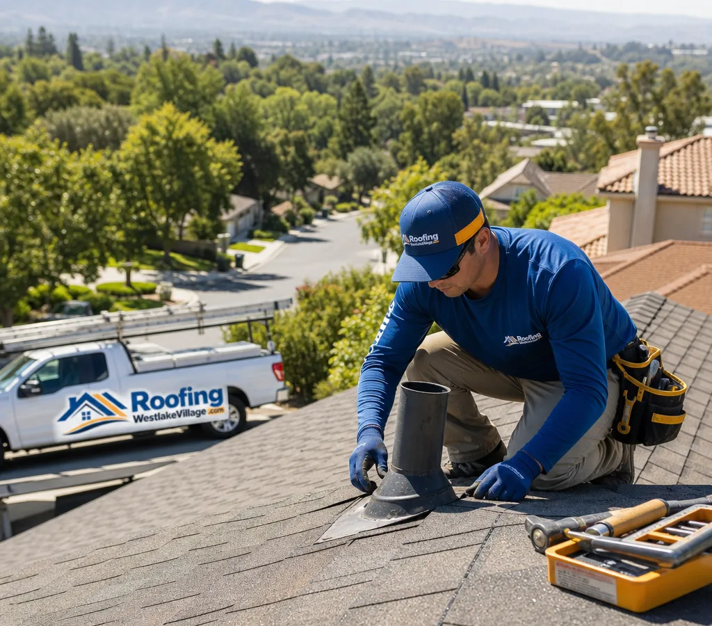 Technician inspecting shingles and flashing near a vent stack on a Westlake Village residential roof