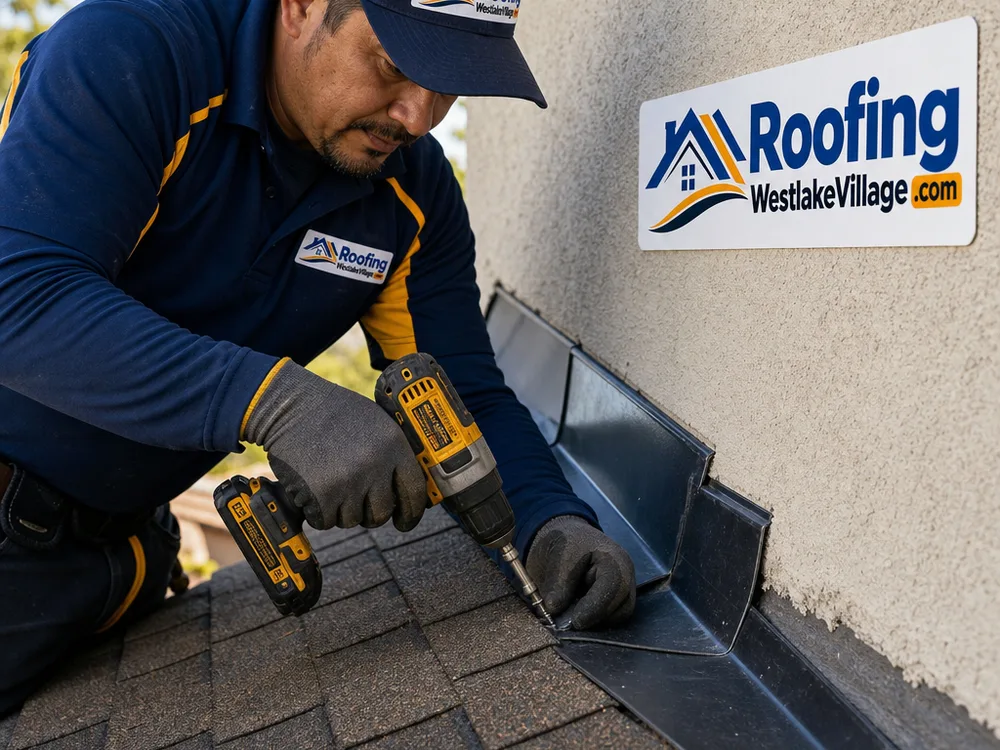 Roofer integrating new step flashing beneath shingles where a sloped roof meets a stucco wall