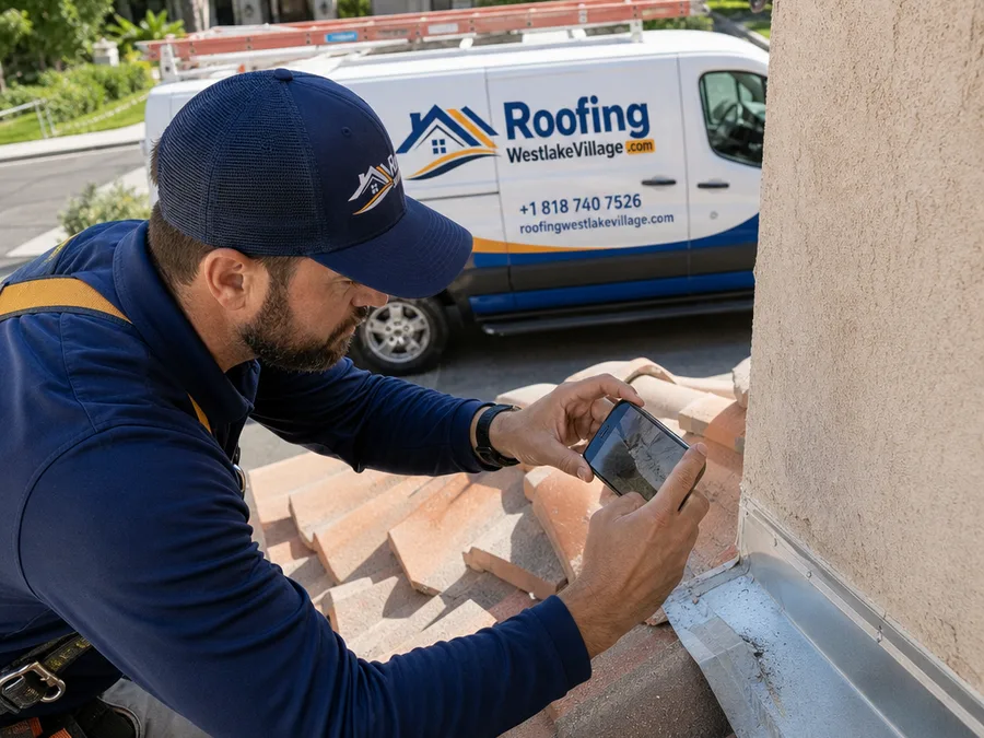 Roofer documenting tile alignment and roof-to-wall flashing during an assessment