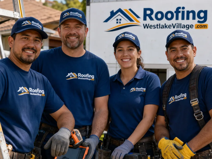 RoofingWestlakeVillage.com team with assessment tools and a safe ladder setup at a Westlake Village job site